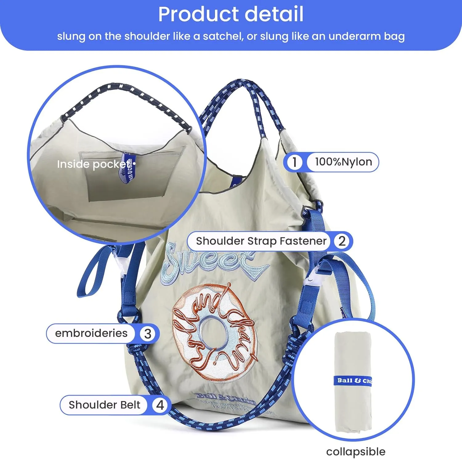 Ball&Chain Embroidered Doughnut Pattern Tote Bag，Women's Leisure Shopping Bag, 15x16 inches