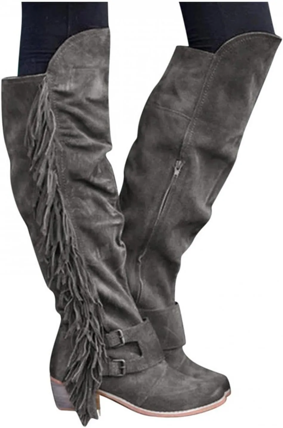 Bcshiye Women's Knee High Boots Casual Over The Knee Retro Tassel Moccasin Square Low Heel Zipper Western Long Booties