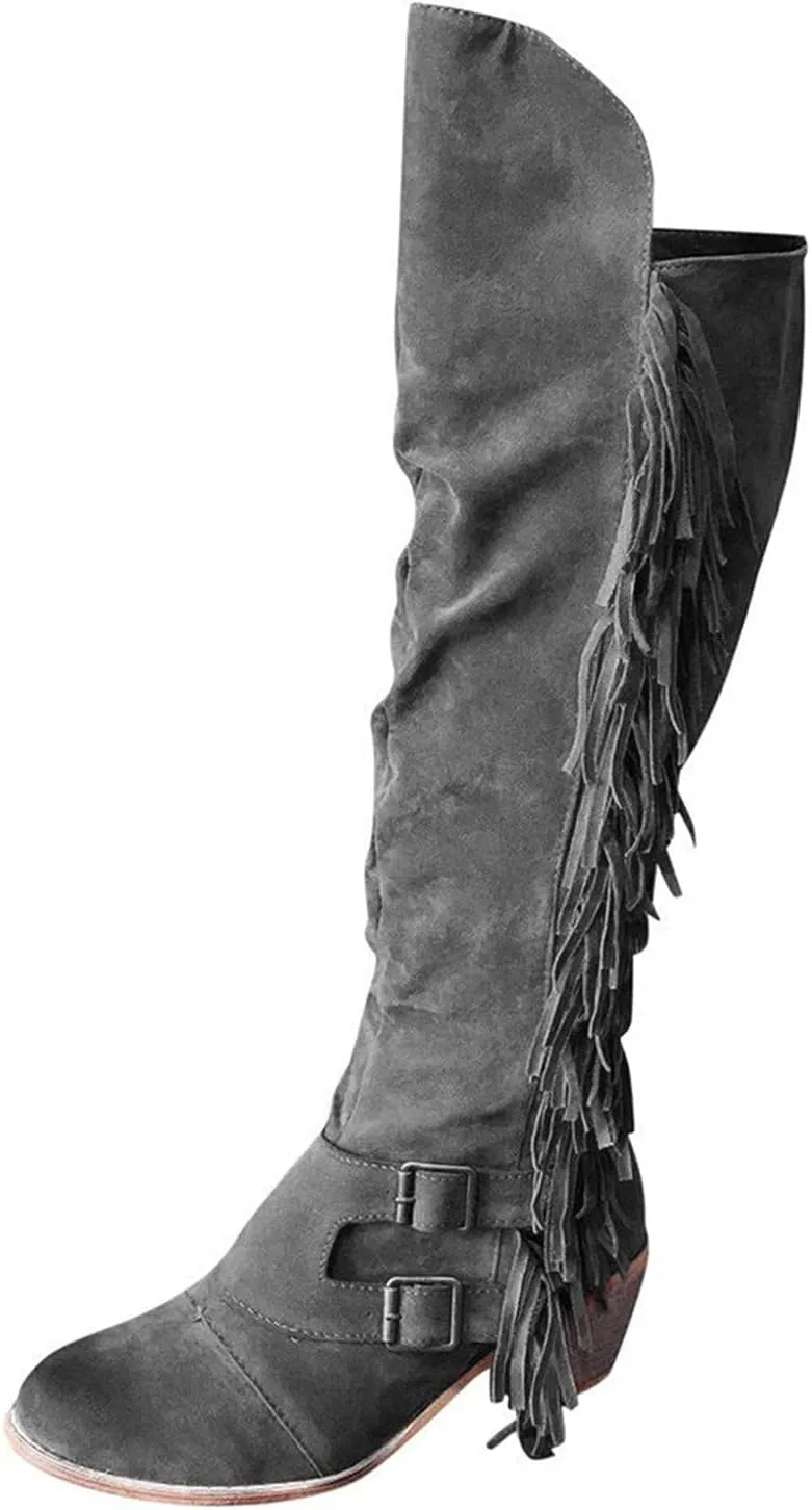 Bcshiye Women's Knee High Boots Casual Over The Knee Retro Tassel Moccasin Square Low Heel Zipper Western Long Booties