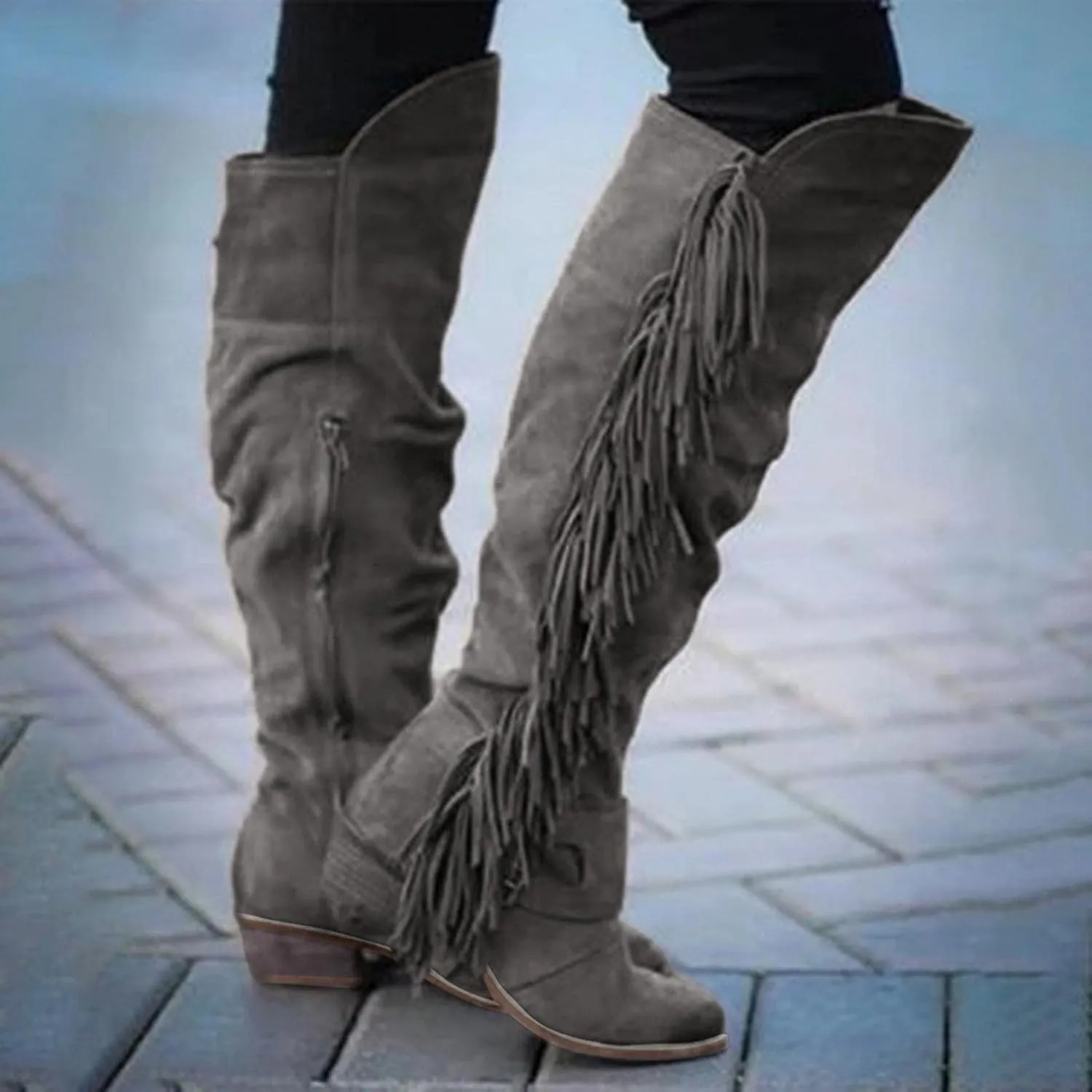 Bcshiye Women's Knee High Boots Casual Over The Knee Retro Tassel Moccasin Square Low Heel Zipper Western Long Booties