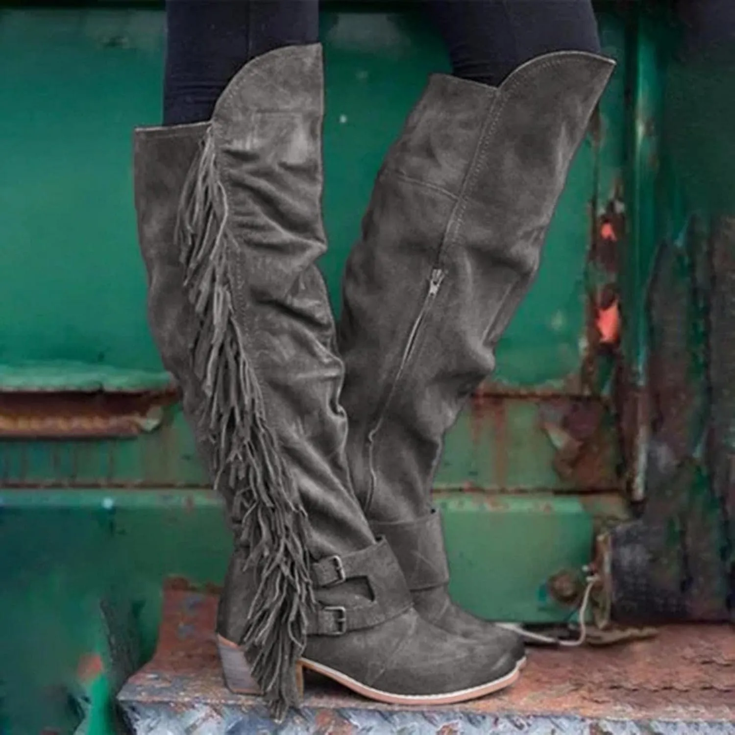 Bcshiye Women's Knee High Boots Casual Over The Knee Retro Tassel Moccasin Square Low Heel Zipper Western Long Booties