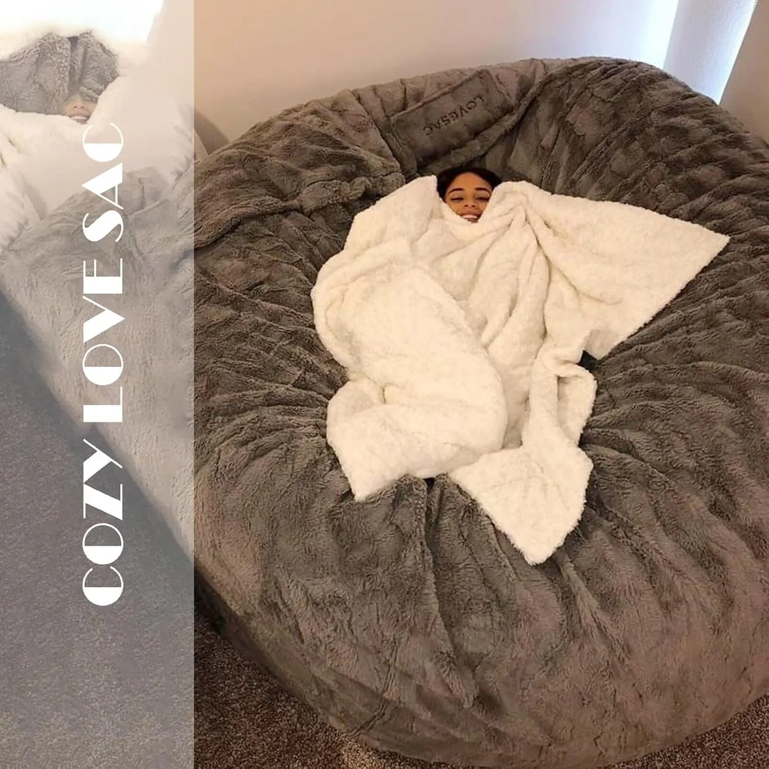 BCU Oversized Bean Bag Cover Comfy Beanbag Chair for Adults Without Filler Faux Fur Lazy Sofa Cover for Living Room Chairs, Grey, 5FT