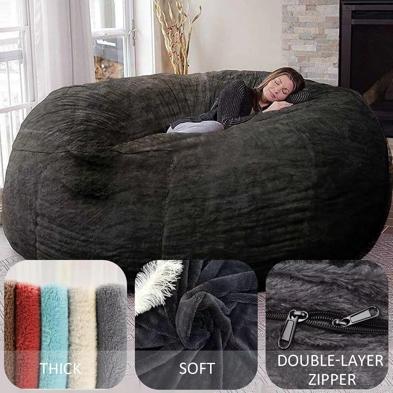 BCU Oversized Bean Bag Cover Comfy Beanbag Chair for Adults Without Filler Faux Fur Lazy Sofa Cover for Living Room Chairs, Grey, 5FT