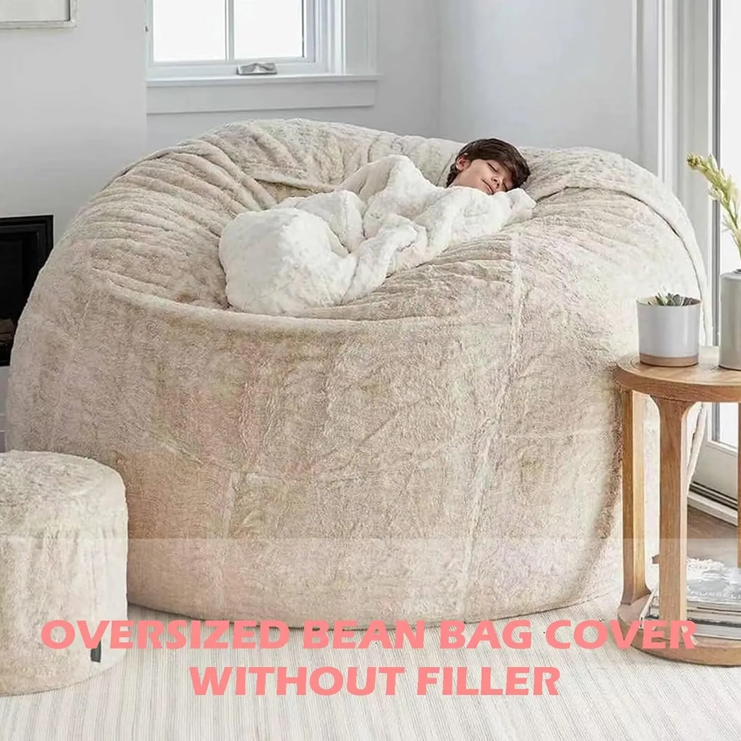 BCU Oversized Bean Bag Cover Comfy Beanbag Chair for Adults Without Filler Faux Fur Lazy Sofa Cover for Living Room Chairs, Grey, 5FT