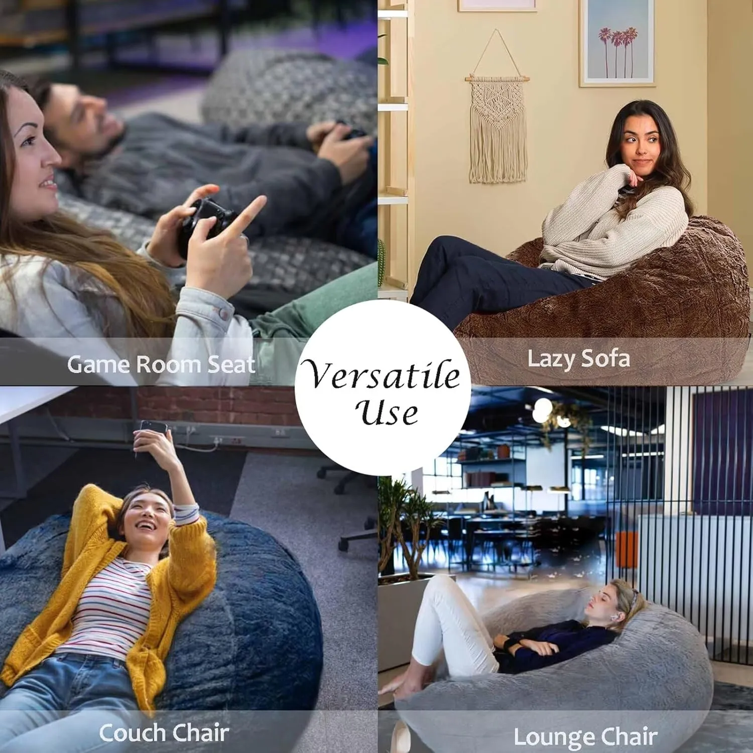 BCU Oversized Bean Bag Cover Comfy Beanbag Chair for Adults Without Filler Faux Fur Lazy Sofa Cover for Living Room Chairs, Grey, 5FT