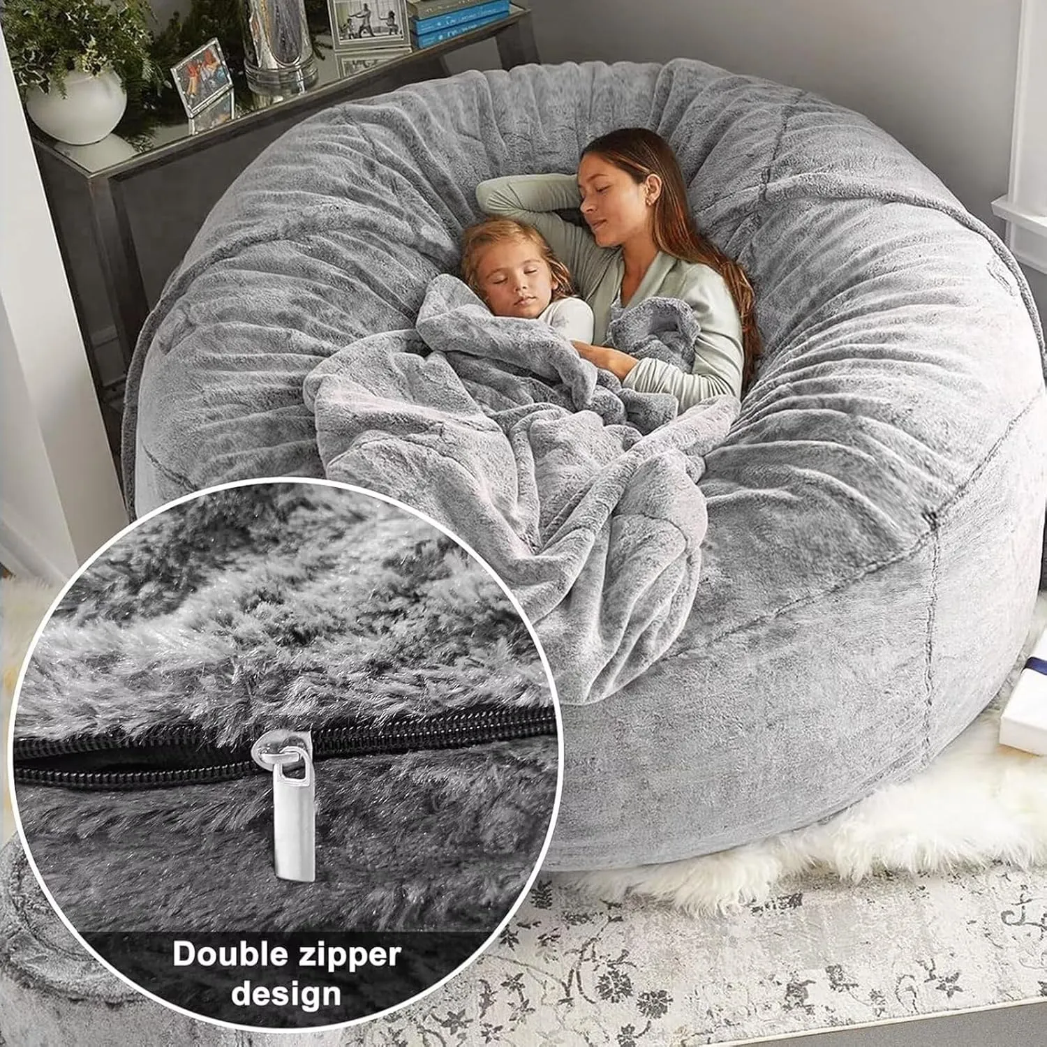 BCU Oversized Bean Bag Cover Comfy Beanbag Chair for Adults Without Filler Faux Fur Lazy Sofa Cover for Living Room Chairs, Grey, 5FT