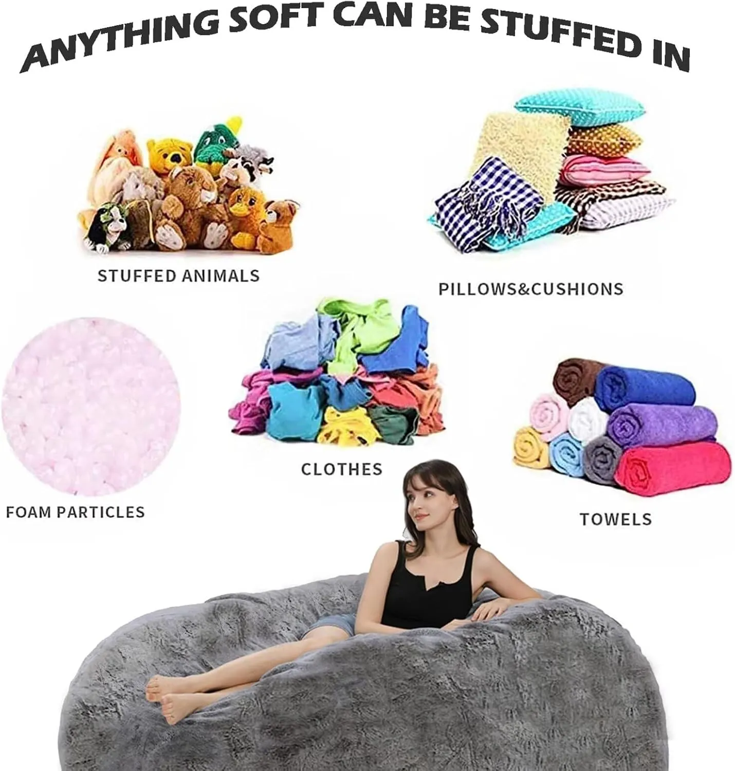 BCU Oversized Bean Bag Cover Comfy Beanbag Chair for Adults Without Filler Faux Fur Lazy Sofa Cover for Living Room Chairs, Grey, 5FT