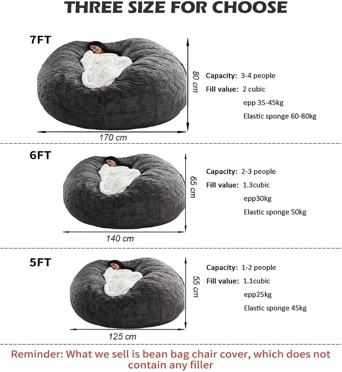 BCU Oversized Bean Bag Cover Comfy Beanbag Chair for Adults Without Filler Faux Fur Lazy Sofa Cover for Living Room Chairs, Grey, 5FT