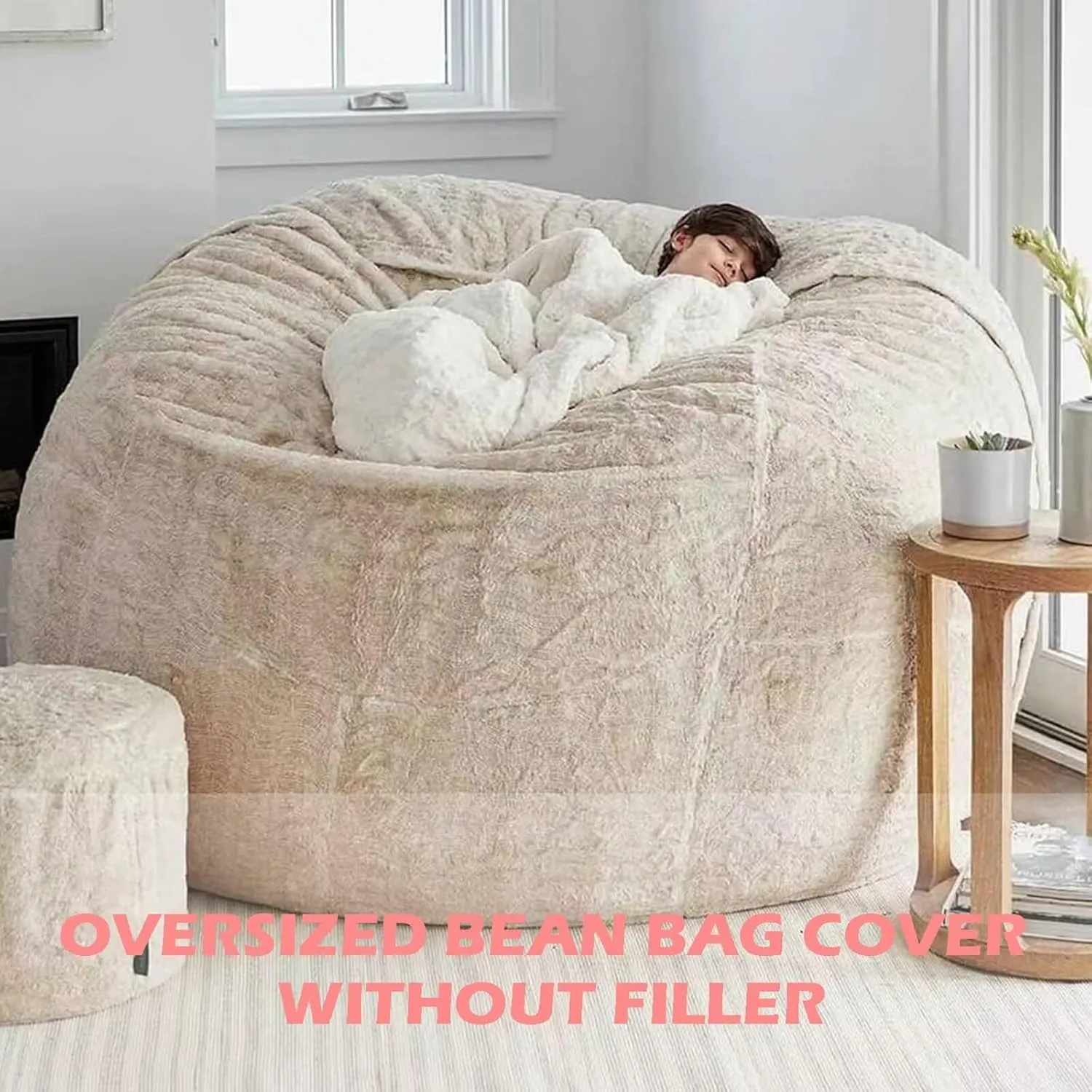 BCU Oversized Bean Bag Cover Comfy Beanbag Chair for Adults Without Filler Faux Fur Lazy Sofa Cover for Living Room Chairs, Grey, 5FT
