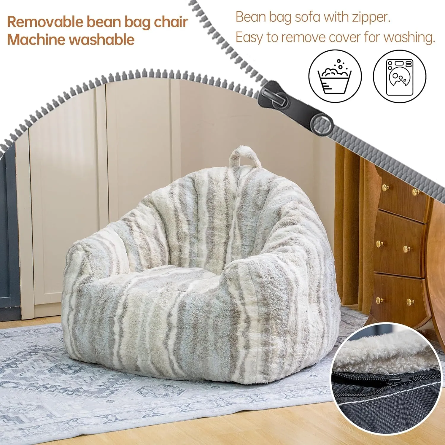 Bean Bag Chair, 3ft Bean Bag Couch for Adults, Large Arm Chair with Memory Foam, Machine Washable Comfy Sofa Chair for Gaming Reading Relaxing, Tiger Stripe, Regular