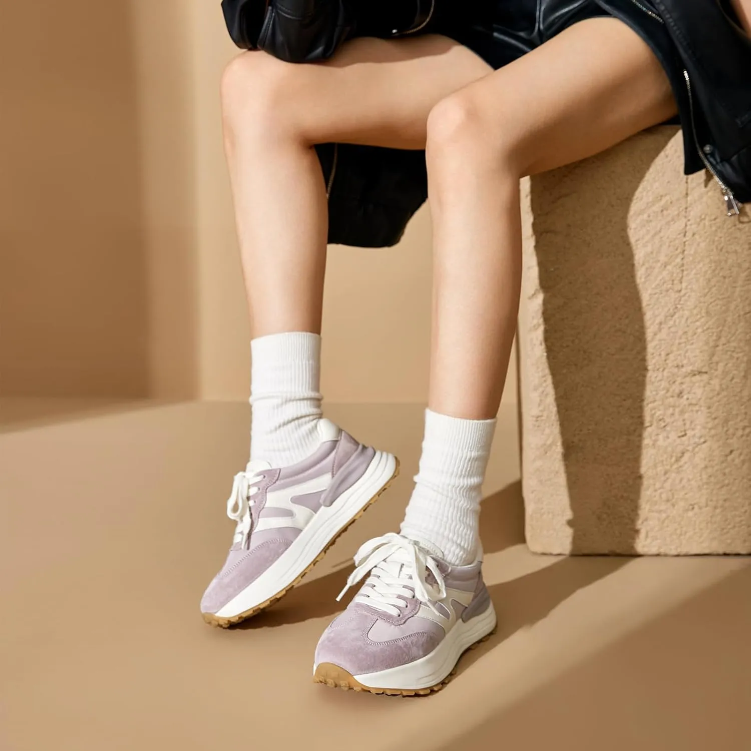 BEAU TODAY Sneakers for Women Genuine Leather Patchwork Casual Walking Shoes Retro Non-Slip Comfortable Lightweight Breathable Tennis Running Shoes