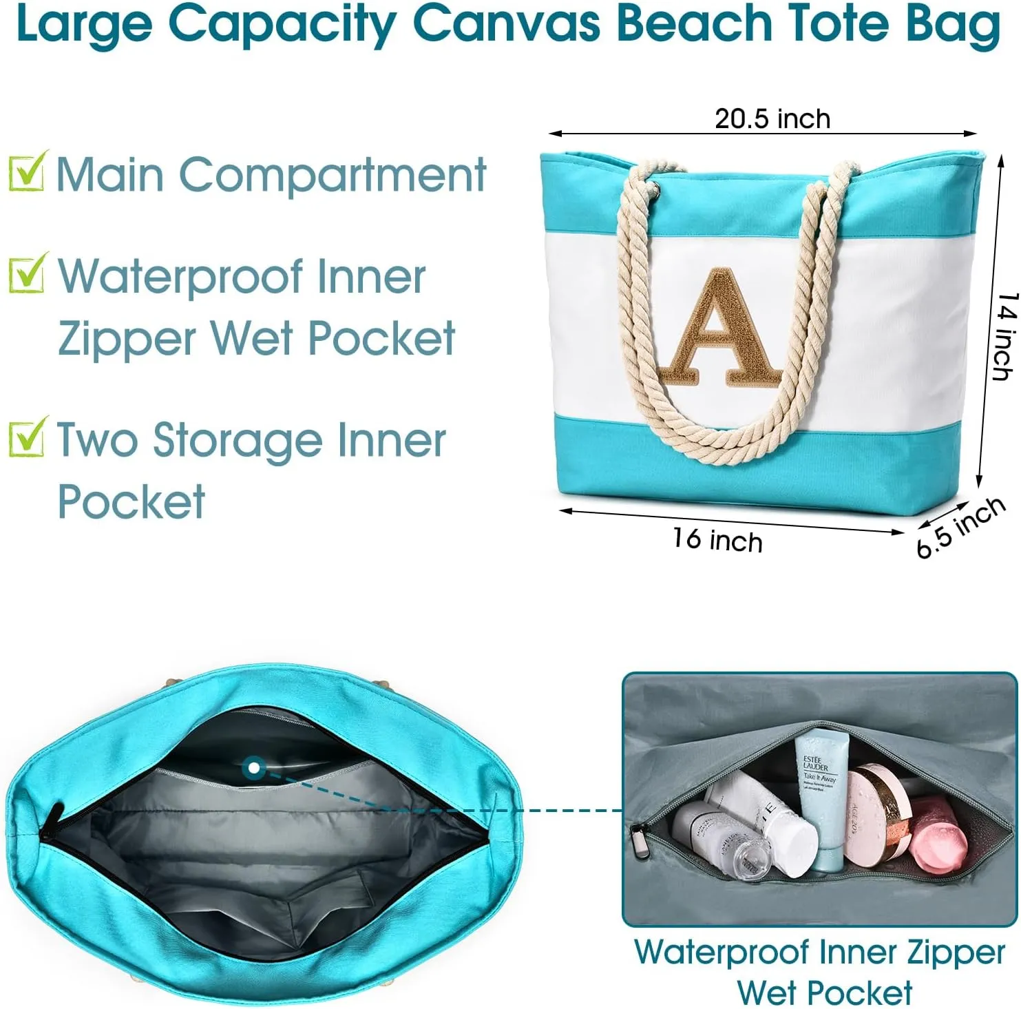 Becokan Initial Beach Bag Waterproof Canvas Beach Tote Bag Zipper Personalized Gifts for Women Her Birthday Travel Essentials