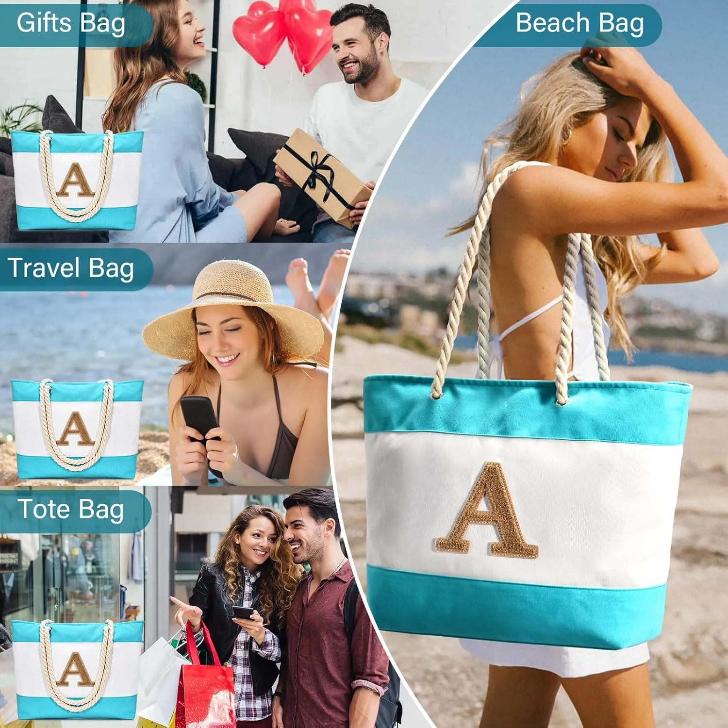 Becokan Initial Beach Bag Waterproof Canvas Beach Tote Bag Zipper Personalized Gifts for Women Her Birthday Travel Essentials
