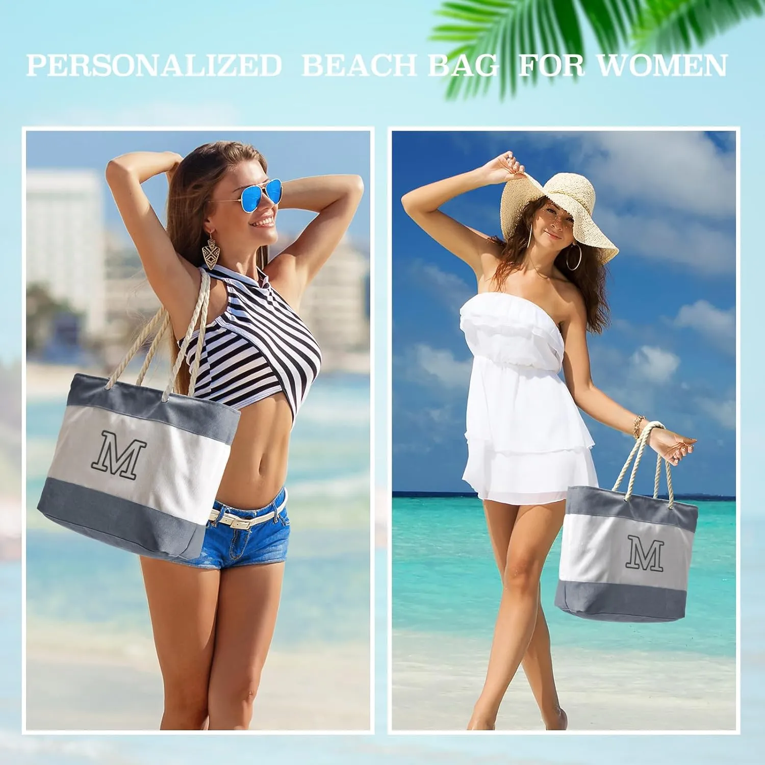Becokan Initial Beach Bag Waterproof Canvas Beach Tote Bag Zipper Personalized Gifts for Women Her Birthday Travel Essentials