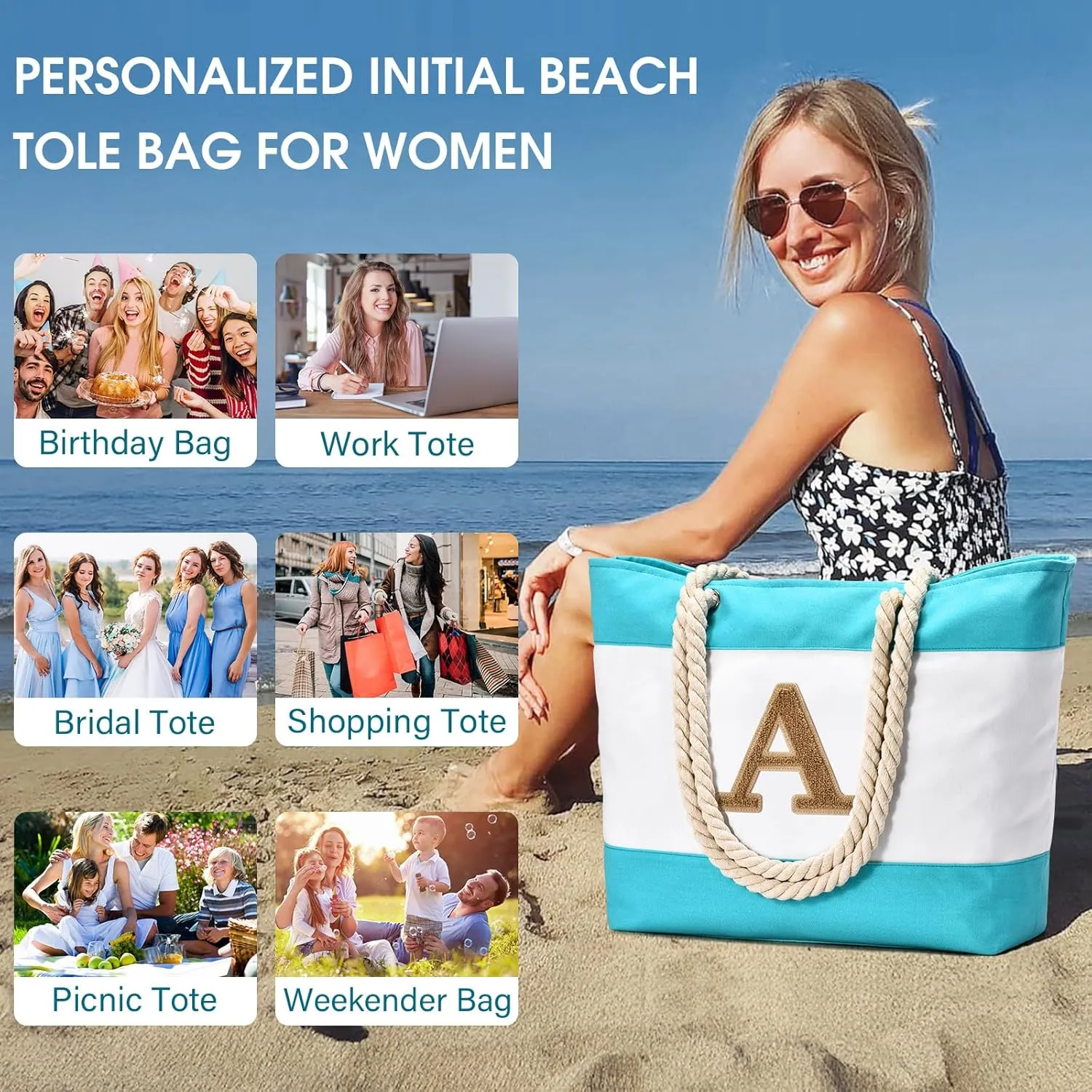 Becokan Initial Beach Bag Waterproof Canvas Beach Tote Bag Zipper Personalized Gifts for Women Her Birthday Travel Essentials