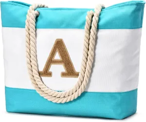 Becokan Initial Beach Bag Waterproof Canvas Beach Tote Bag Zipper Personalized Gifts for Women Her Birthday Travel Essentials