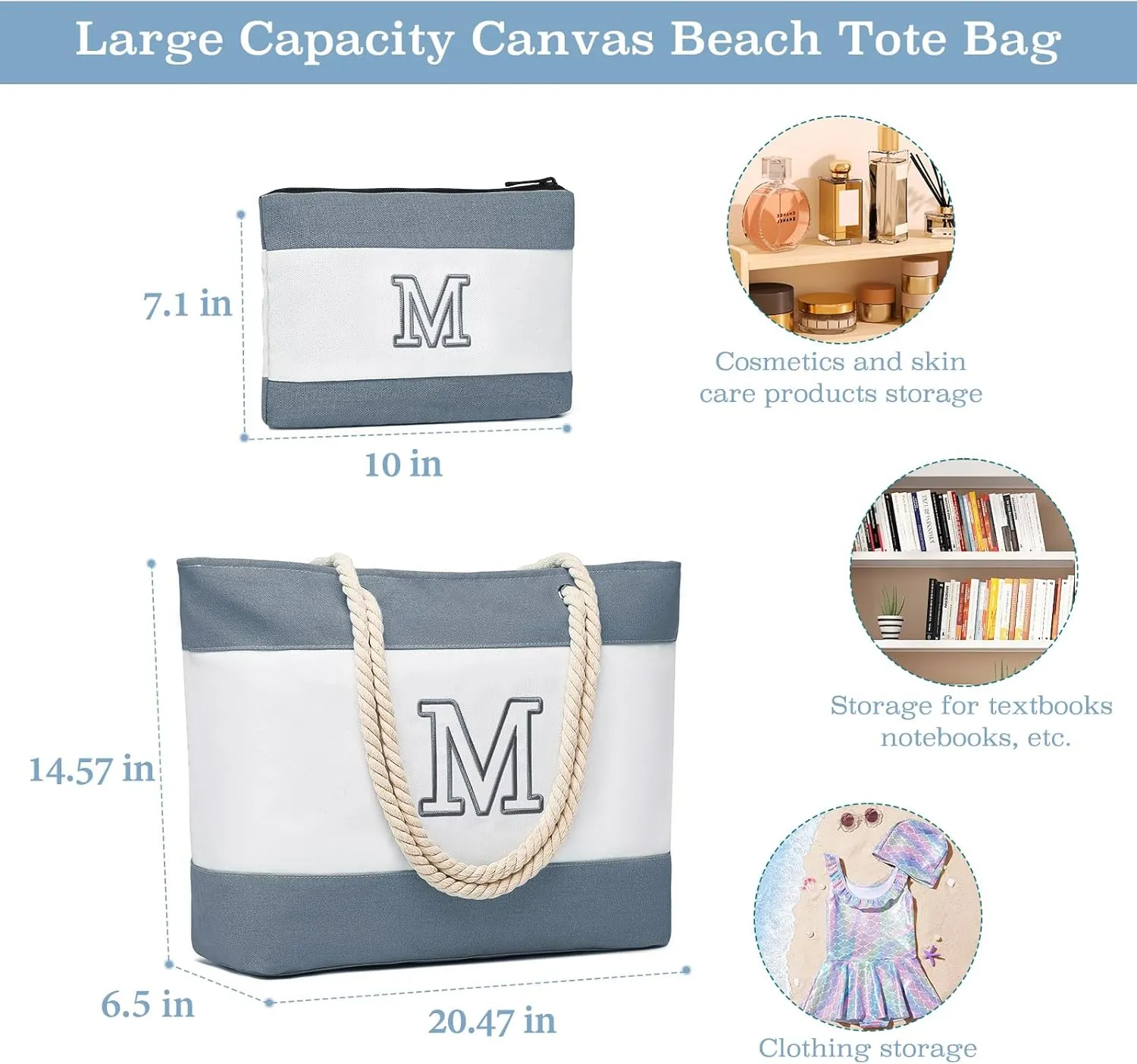 Becokan Initial Beach Bag Waterproof Canvas Beach Tote Bag Zipper Personalized Gifts for Women Her Birthday Travel Essentials