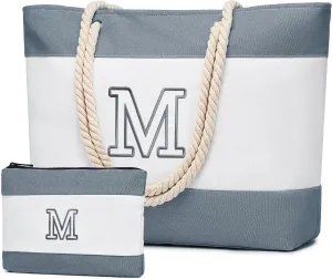 Becokan Initial Beach Bag Waterproof Canvas Beach Tote Bag Zipper Personalized Gifts for Women Her Birthday Travel Essentials