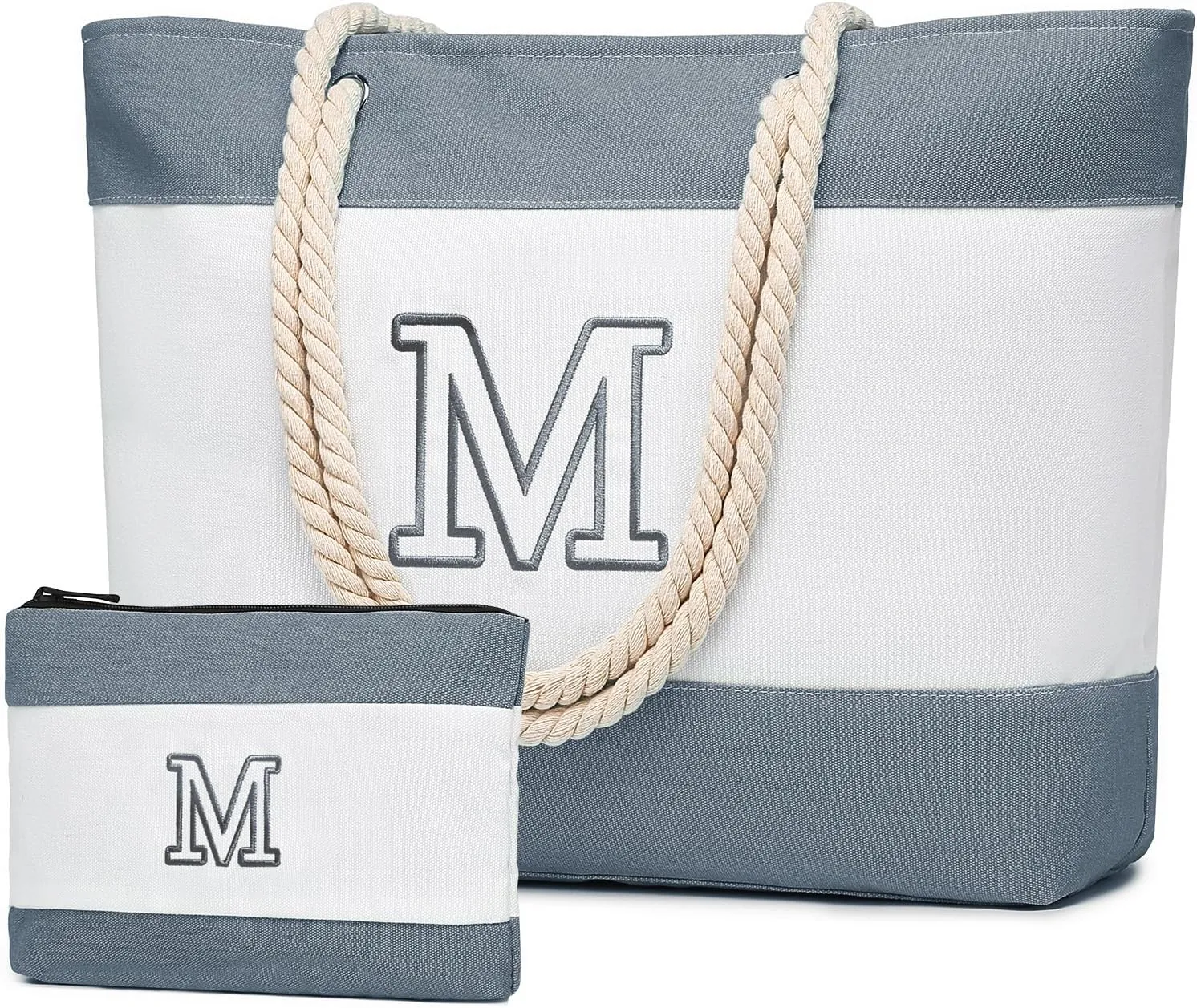 Becokan Initial Beach Bag Waterproof Canvas Beach Tote Bag Zipper Personalized Gifts for Women Her Birthday Travel Essentials