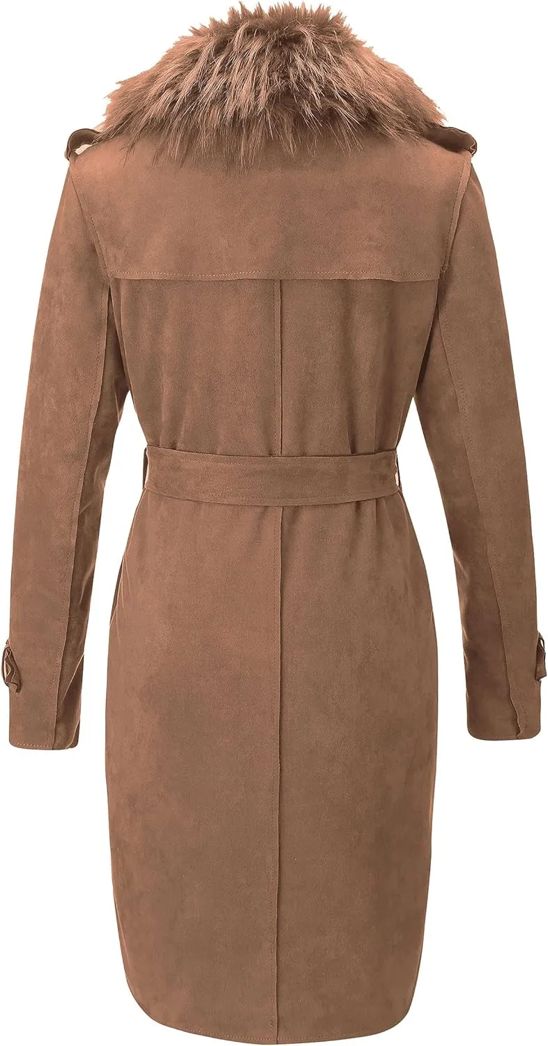 Bellivera Women Faux Leather Trench Coat Fleece-Lined Mid-length Jacket with Detachable Fur Collar