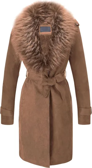 Bellivera Women Faux Leather Trench Coat Fleece-Lined Mid-length Jacket with Detachable Fur Collar