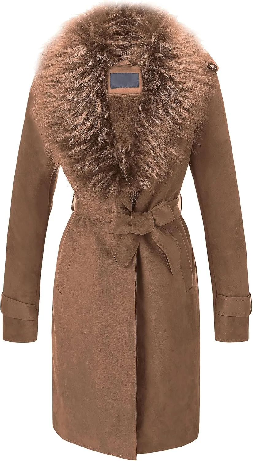 Bellivera Women Faux Leather Trench Coat Fleece-Lined Mid-length Jacket with Detachable Fur Collar