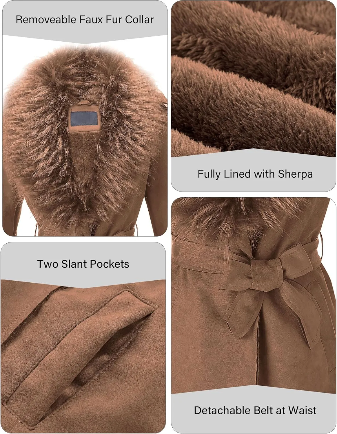 Bellivera Women Faux Leather Trench Coat Fleece-Lined Mid-length Jacket with Detachable Fur Collar