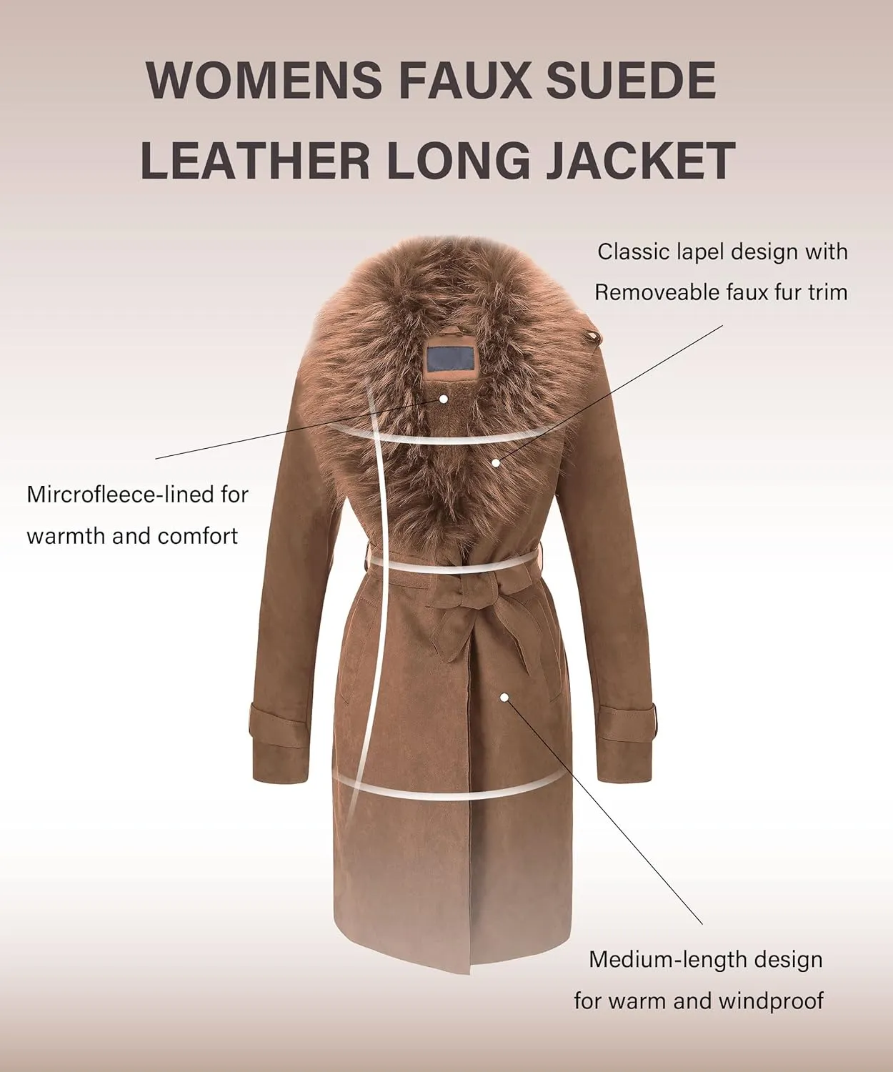 Bellivera Women Faux Leather Trench Coat Fleece-Lined Mid-length Jacket with Detachable Fur Collar