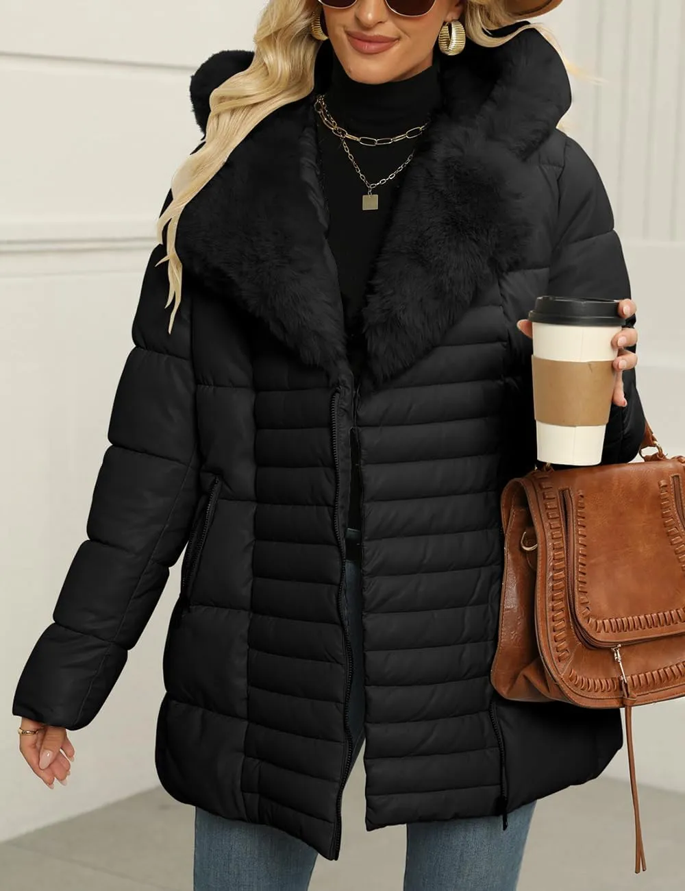 Bellivera Women's Winter Puffer Jacket Cold-Resistant Patchwork Plush Lining Coat with Removable Fur Collar Hooded and Belted