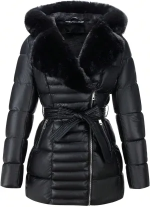 Bellivera Women's Winter Puffer Jacket Cold-Resistant Patchwork Plush Lining Coat with Removable Fur Collar Hooded and Belted