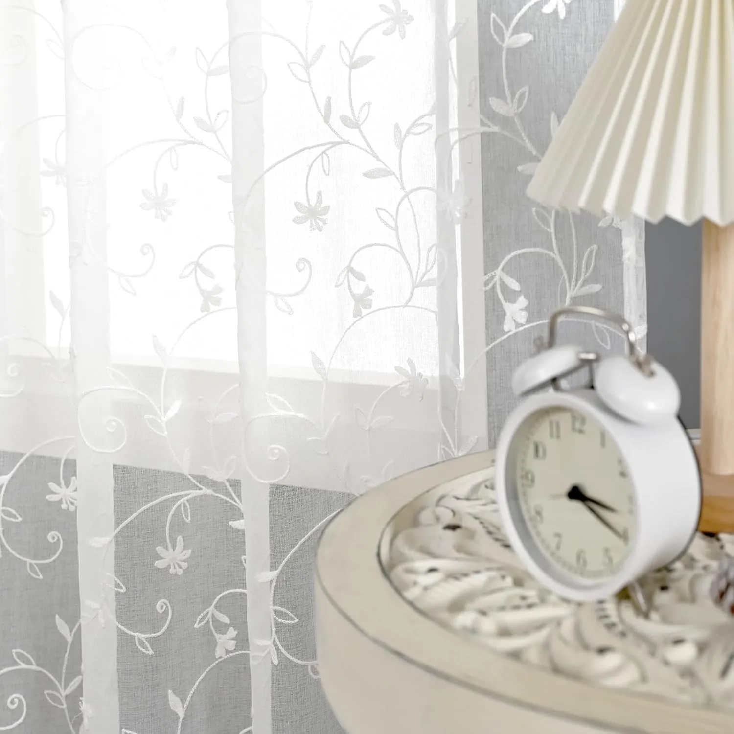 BGment White Sheer Curtains 63 inches Length 2 Panels, Embroidered Flower Pattern Semi Sheer Voile Drapes Light Filtering Privacy Grommet Faux Linen Window Drapes for Bedroom, 52 x 63 Inch