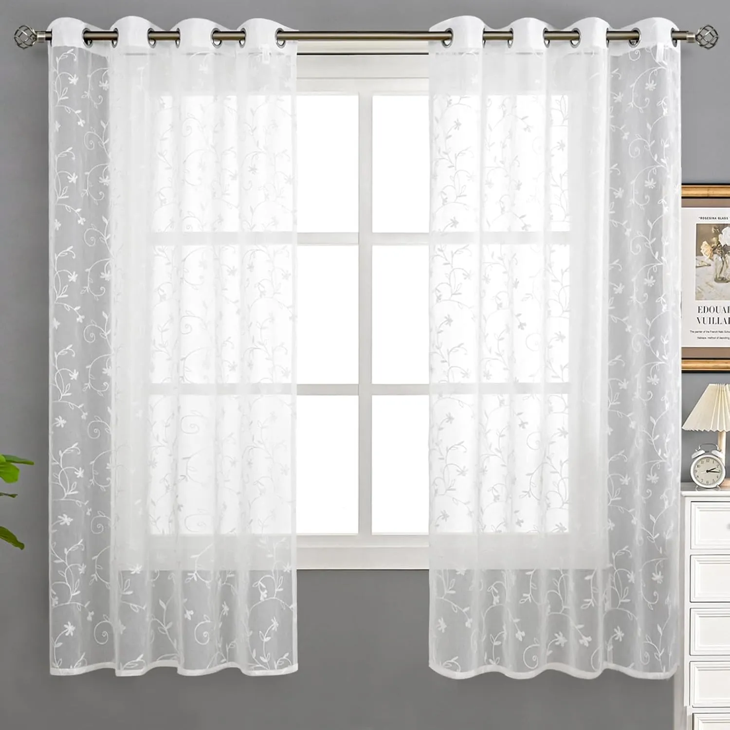 BGment White Sheer Curtains 63 inches Length 2 Panels, Embroidered Flower Pattern Semi Sheer Voile Drapes Light Filtering Privacy Grommet Faux Linen Window Drapes for Bedroom, 52 x 63 Inch