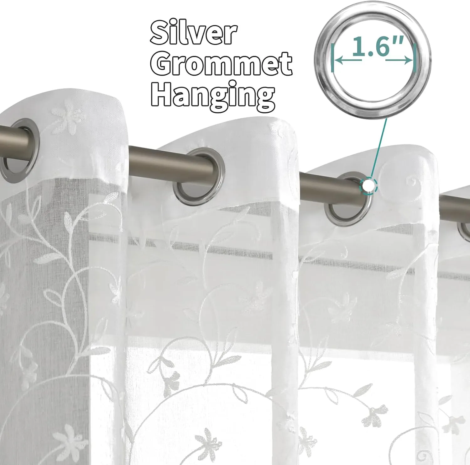 BGment White Sheer Curtains 63 inches Length 2 Panels, Embroidered Flower Pattern Semi Sheer Voile Drapes Light Filtering Privacy Grommet Faux Linen Window Drapes for Bedroom, 52 x 63 Inch