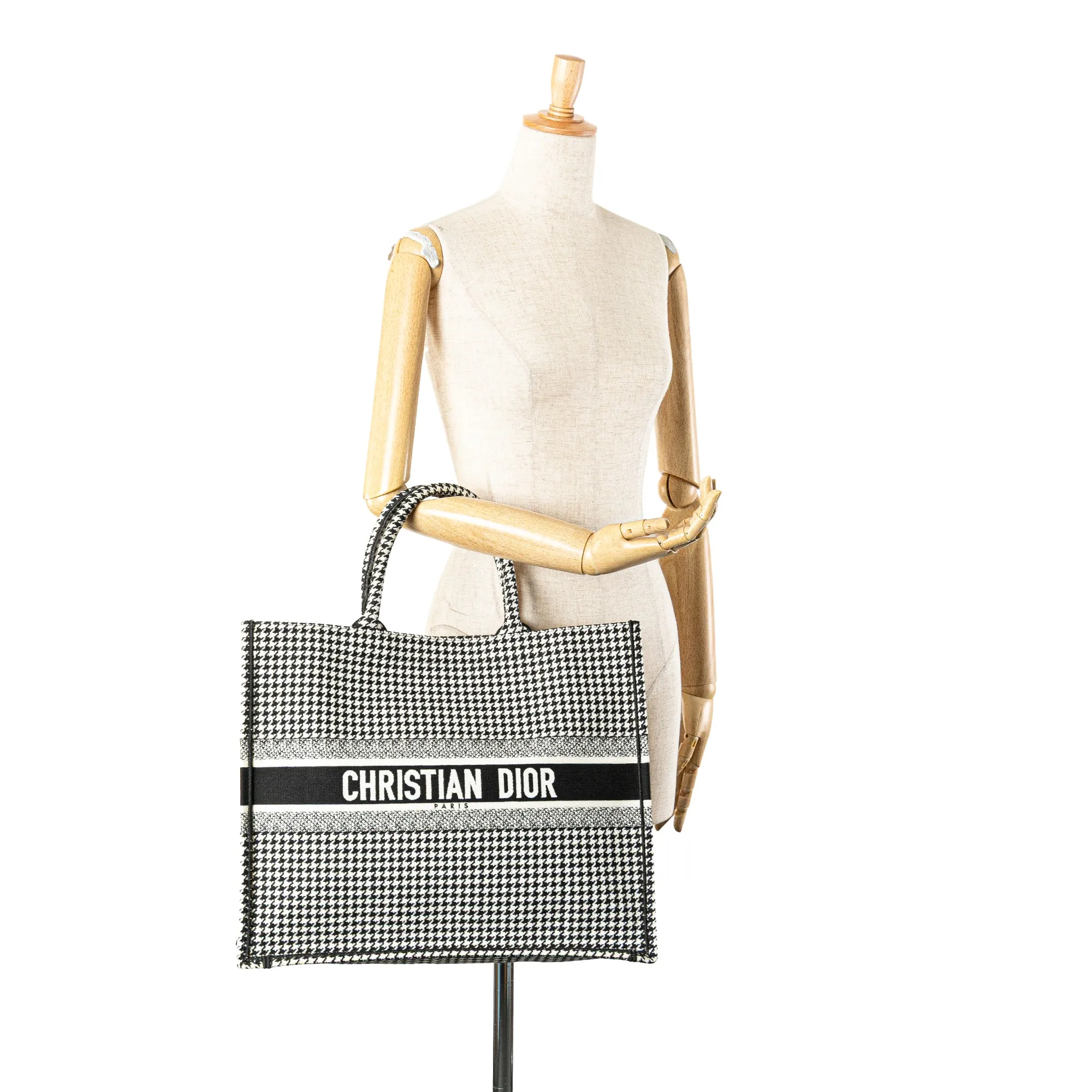 Black Dior Large Canvas Houndstooth Embroidered Book Tote