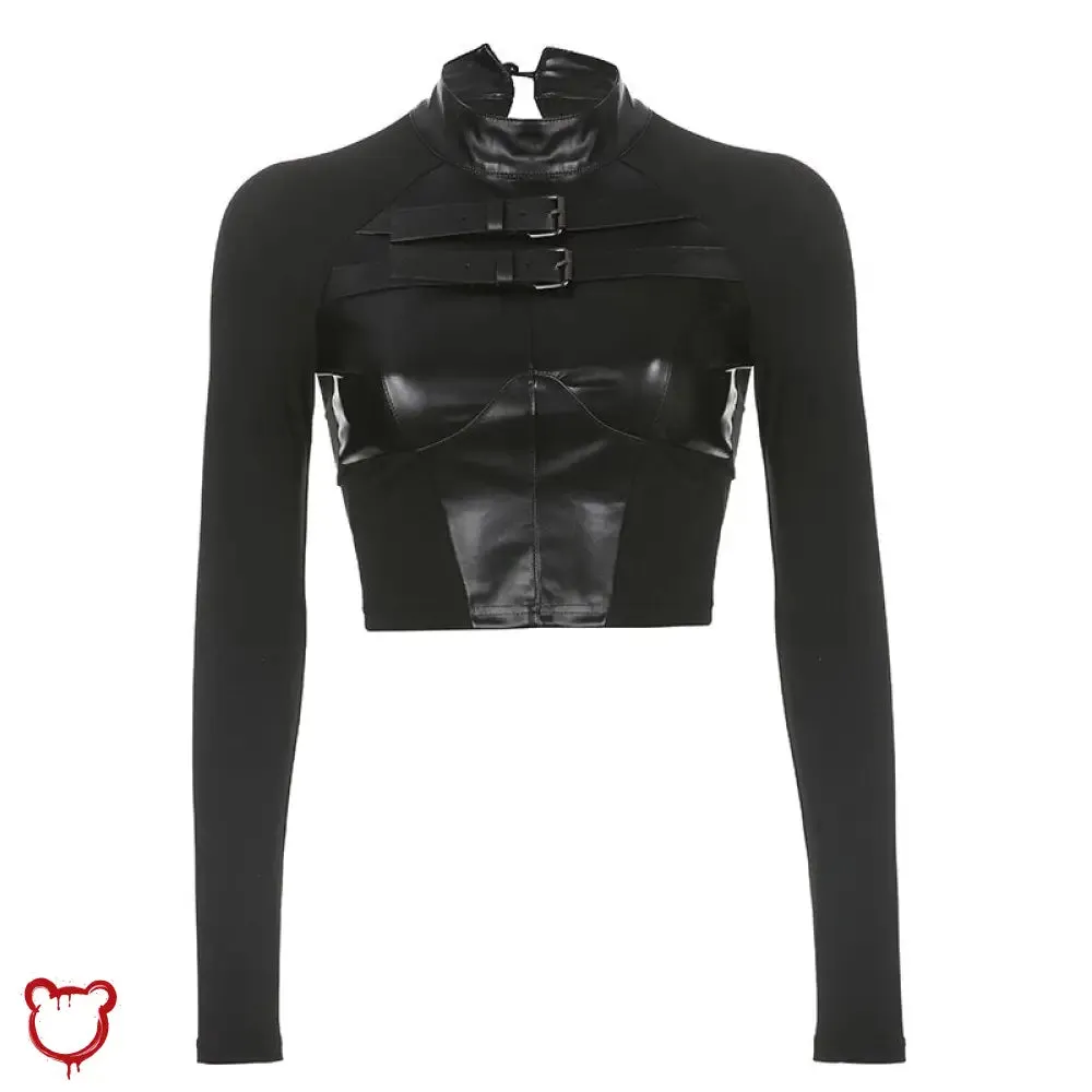 Black Gothic Faux Leather Patchwork Top