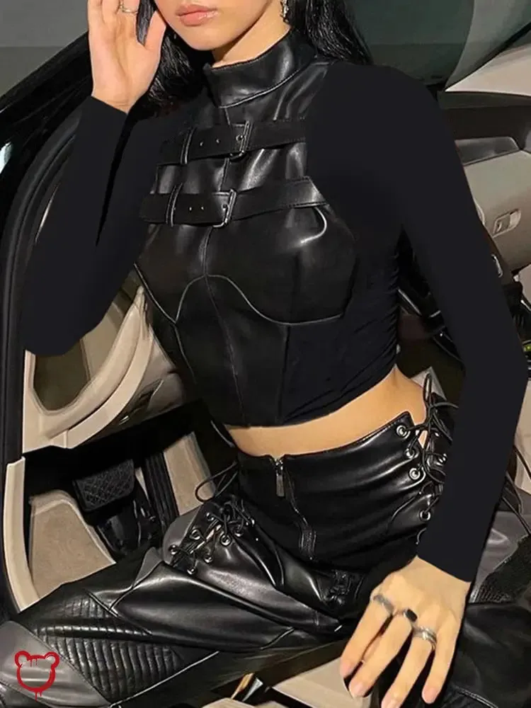 Black Gothic Faux Leather Patchwork Top