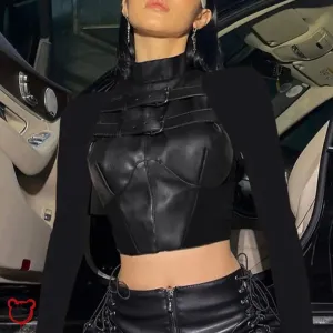 Black Gothic Faux Leather Patchwork Top