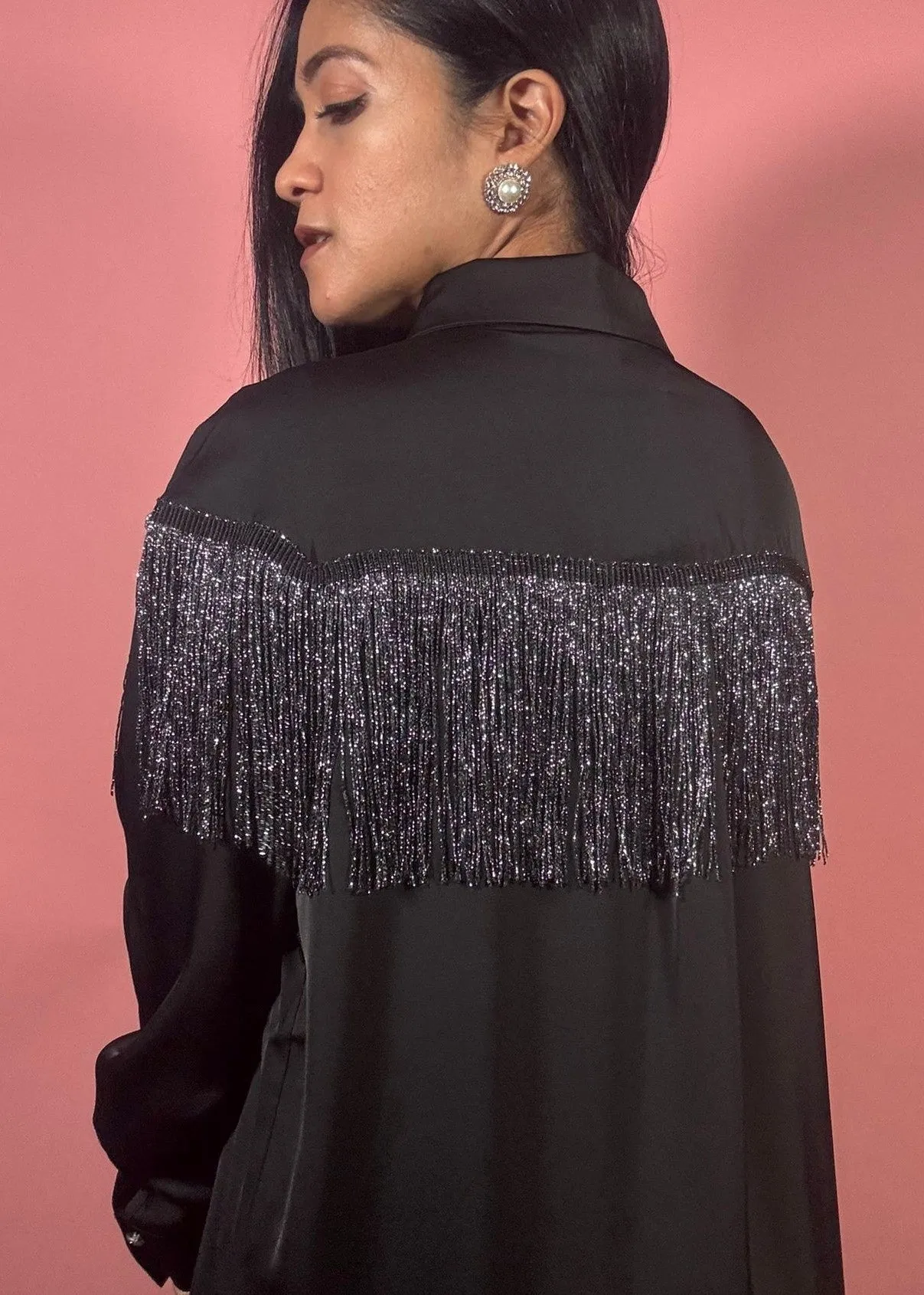 Black Rhinestone Sequined Tassel Satin Blouse