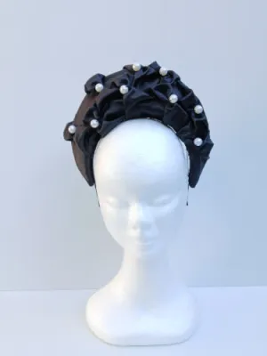 Black Smocked Satin Crown by Melissa Rath Millinery