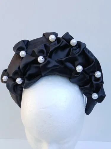 Black Smocked Satin Crown by Melissa Rath Millinery