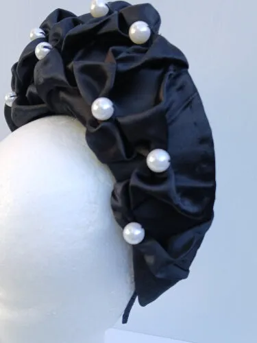 Black Smocked Satin Crown by Melissa Rath Millinery