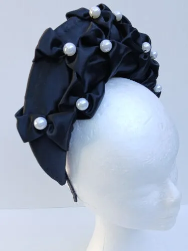 Black Smocked Satin Crown by Melissa Rath Millinery