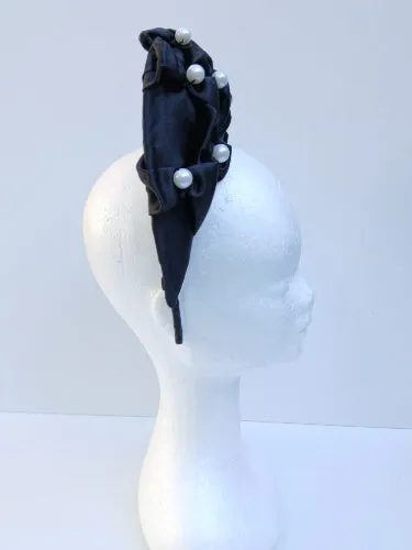 Black Smocked Satin Crown by Melissa Rath Millinery
