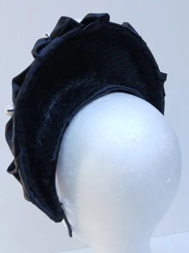 Black Smocked Satin Crown by Melissa Rath Millinery