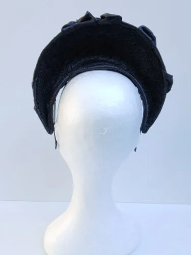 Black Smocked Satin Crown by Melissa Rath Millinery