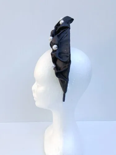 Black Smocked Satin Crown by Melissa Rath Millinery