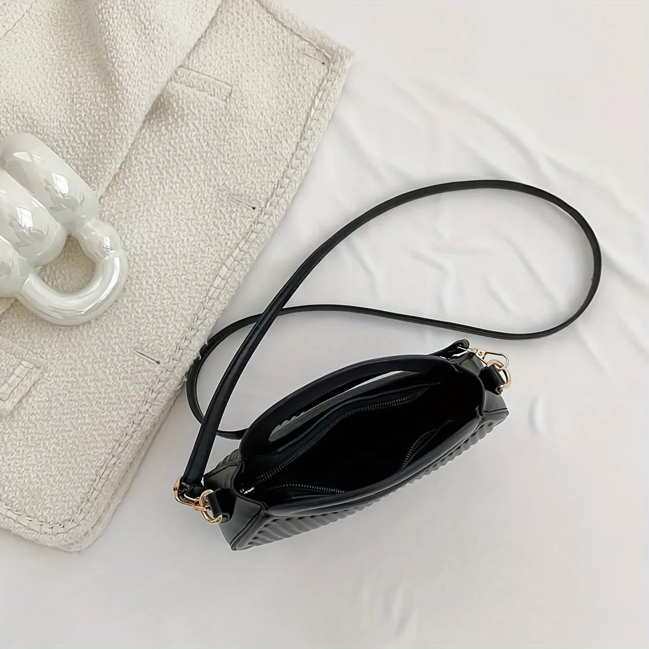 Black Striped Embossed Crossbody Bag