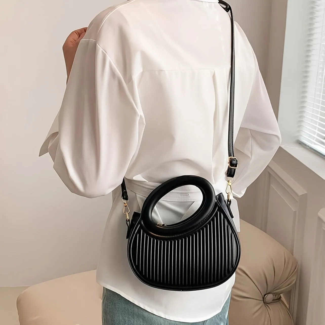 Black Striped Embossed Crossbody Bag