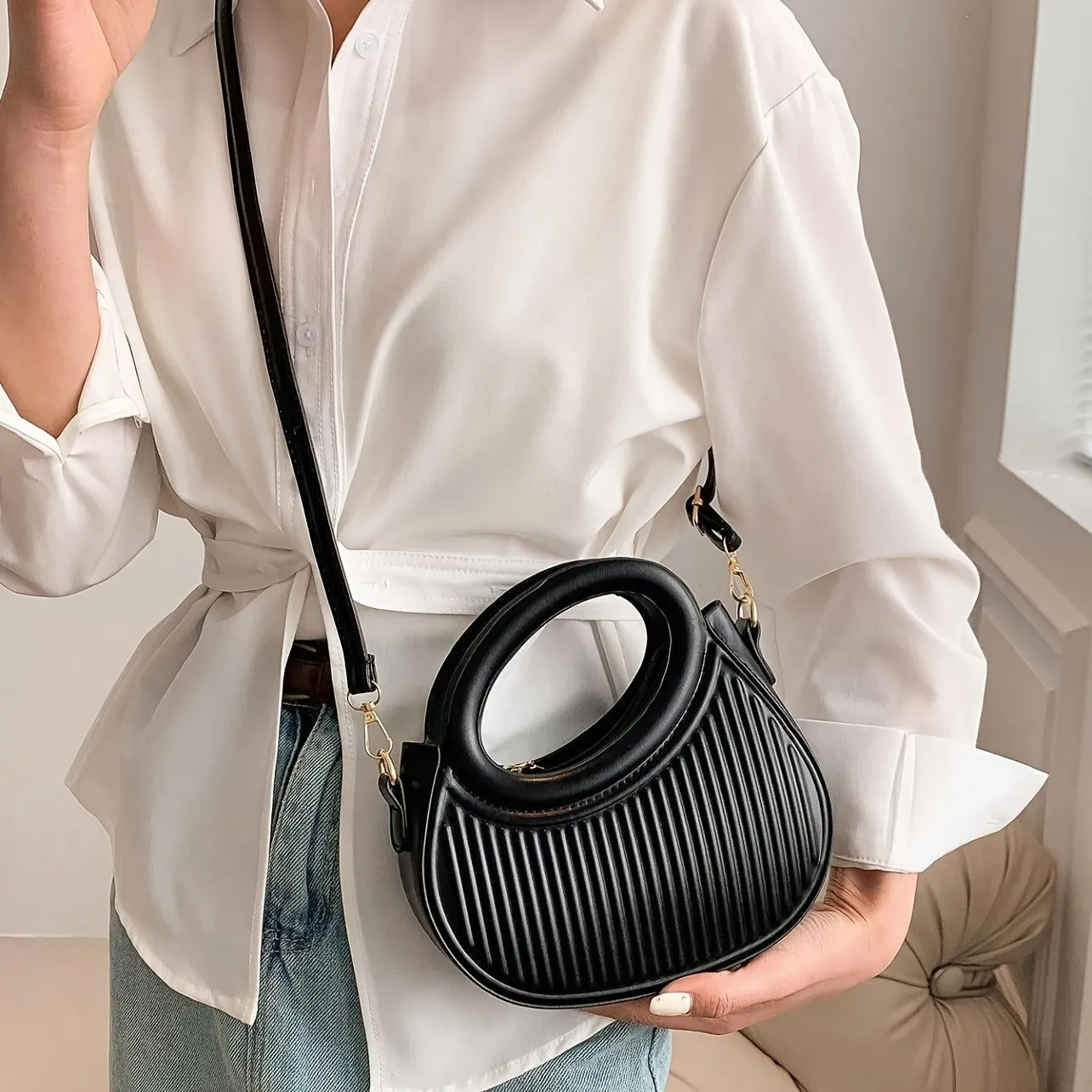 Black Striped Embossed Crossbody Bag