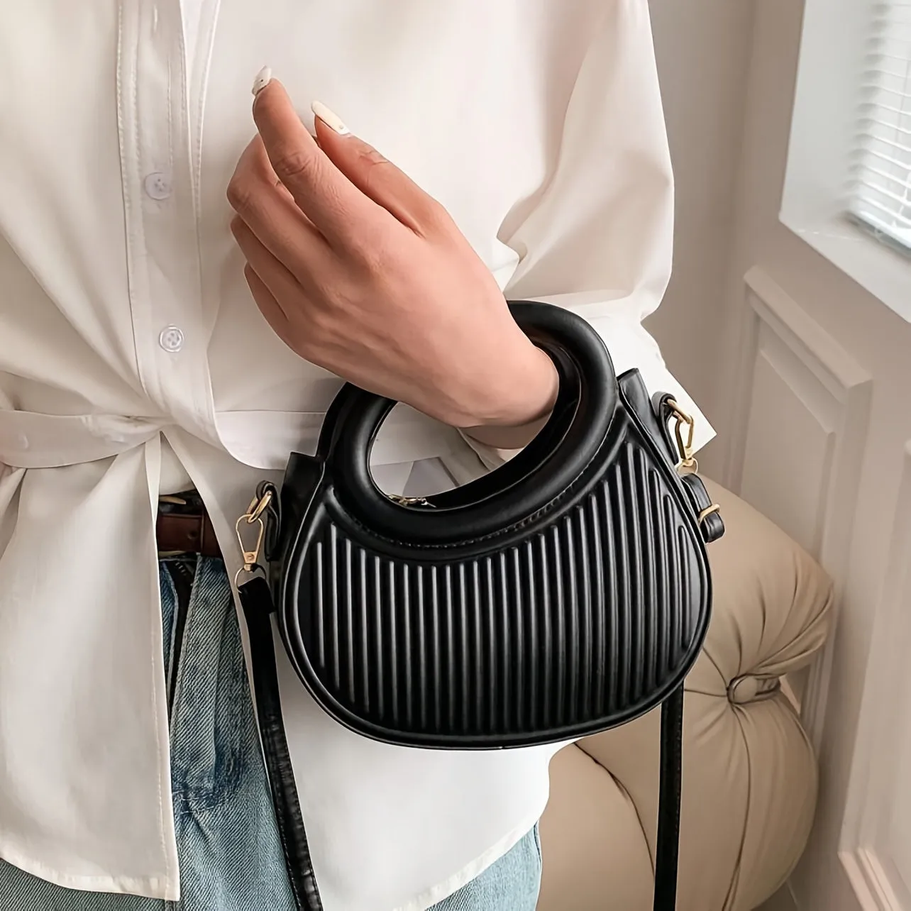 Black Striped Embossed Crossbody Bag